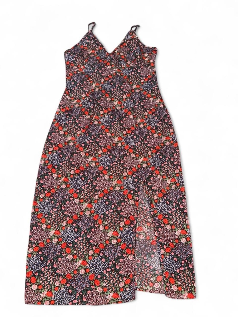 SHEIN Black Floral Slip Maxi Dress with Red Accents